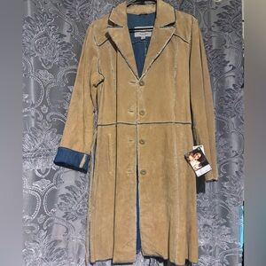 Wilsons Leather Suede Trench Coat Denim Trim